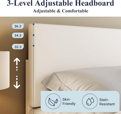 Allewie Full Size Bed Frame with Adjustable Headboard, Faux Leather Platform Bed with Wood Slats, Heavy Duty Mattress Foundation, No Box Spring Needed, Noise-Free, Easy Assembly, White