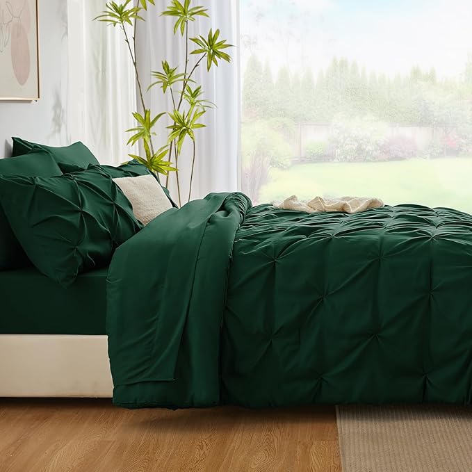 CozyLux California King Comforter Set Emerald Green - 7 Pieces Cal King Pintuck Bed in A Bag Gift for Family, Pinch Pleat Bedding Sets with All Season Comforter, Sheets, Pillowcases & Shams