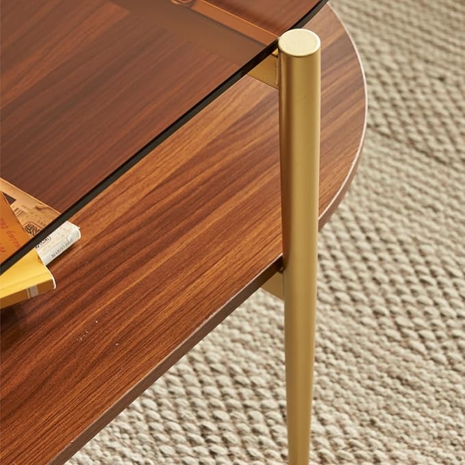 Saint Mossi Oval Glass Coffee Table for Small Living Room, Double Layer Glass and Wood Center Table, Brown Glass & Coffee Brown MDF Bottom Shelf, 41”x21 x17, Gold Table Legs