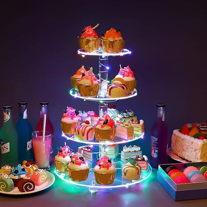 YestBuy 4 Tier Round Cupcake Stand – Premium Cupcake Holder – Acrylic Cupcake Tower Display – Display for Pastry + LED Light String – Ideal for Weddings, Birthday Parties & Events (Multicolored)
