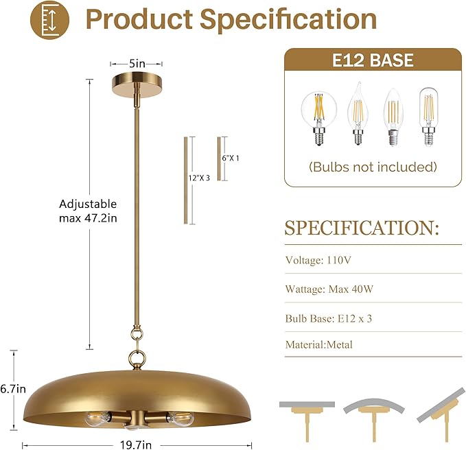 LamQee 20 Inch Oversized Large Pendant Lights, 3-Lights Brushed Gold Modern Dome Chandelier, Farmhouse Metal Pendant Lighting Fixture Ceiling Hanging for Kitchen Island, Dining Room Over Table, Bar