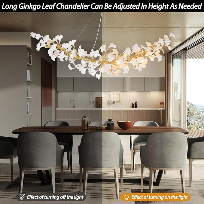 Modern Gold and Wtite Large Rectangle Tree Branch Dining Room Chandeliers, 72" Rectangle Ceramic Ginkgo Leaf Chandelier, Linear Chandeliers for Dining Room,Kitchen,Hanging Chandelier