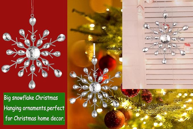 Reinstone 4pcs Silver Sparkling Snowflake Christmas Ornaments - Large Hanging Snowflake Ornaments for Christmas Tree Winter Supplies