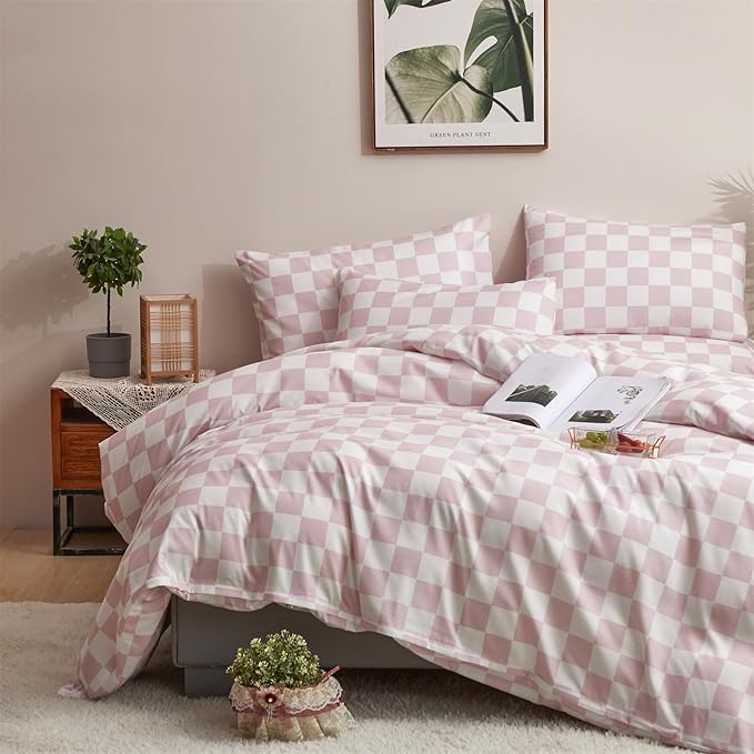 CLOTHKNOW Pink White Plaid Twin/Twin XL Comforter Set Grid Bedding Comforter Sets All Season Soft Checker Comforters with 2 x Pillow Cases