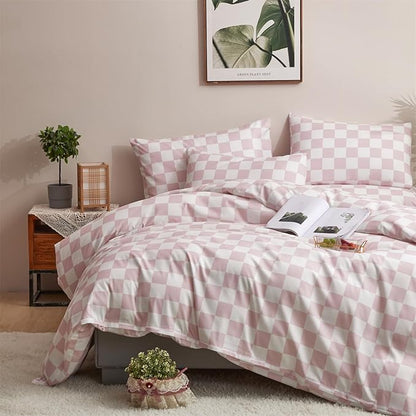 CLOTHKNOW Pink White Plaid Twin/Twin XL Comforter Set Grid Bedding Comforter Sets All Season Soft Checker Comforters with 2 x Pillow Cases