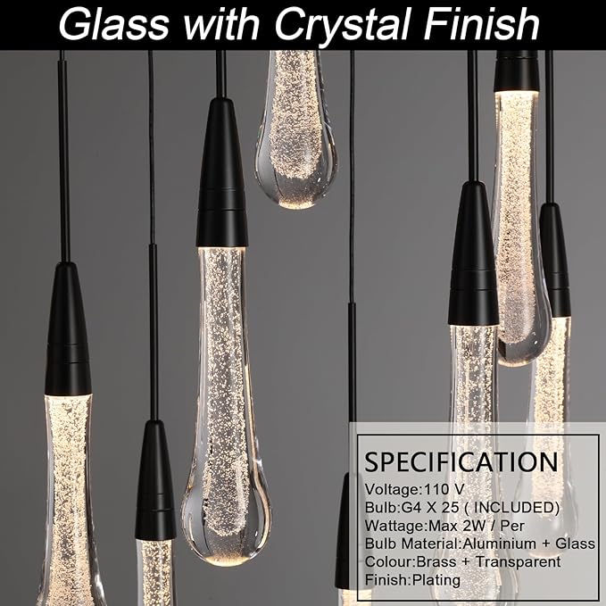 Black Rectangle Raindrop Chandelier with Glass，25-Lights Luxury Farmhouse Large Linear Chandeliers for Dining Room Over Table, Brass Pendant Ceiling Light Fixture for Kitchen Island