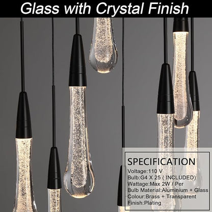 Black Rectangle Raindrop Chandelier with Glass，25-Lights Luxury Farmhouse Large Linear Chandeliers for Dining Room Over Table, Brass Pendant Ceiling Light Fixture for Kitchen Island