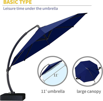 Kingdura 11ft Offset Cantilever Patio Umbrella with Base Included, Large Round Aluminum Outdoor Umbrella, 360° Rotation & Infinite Tilt, Heavy Duty Frame for Deck Pool Backyard, Navy blue