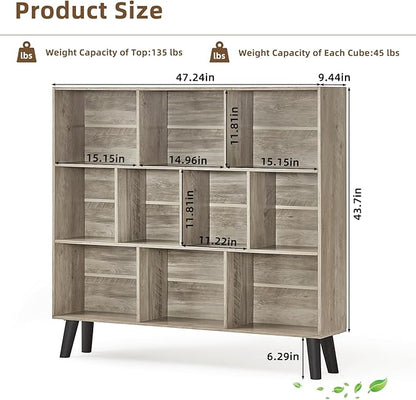 LEYAOYAO 10 Cube Bookshelf,3 Tier Modern Wide Bookcase with Legs,Mid-Century Wood Bookshelves Storage，Retro Grey Large Book Case,Freestanding Organizer Display Shelf for Bedroom,Living Room,Office