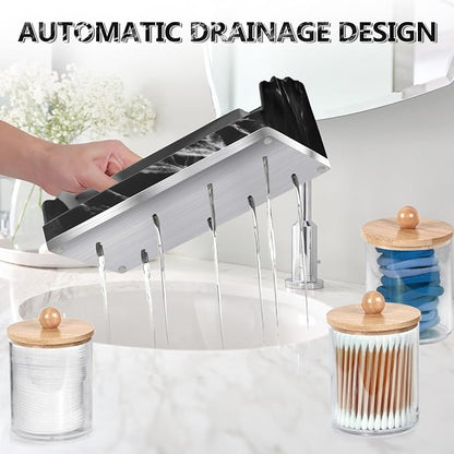 Marble Bathroom Countertop Organizer, Toothbrush Holders for Bathroom with 3PCS Qtip Holder Dispenser and Toothpaste Holder Drainage for Bathroom Accessories Organization Counter Vanity Storage