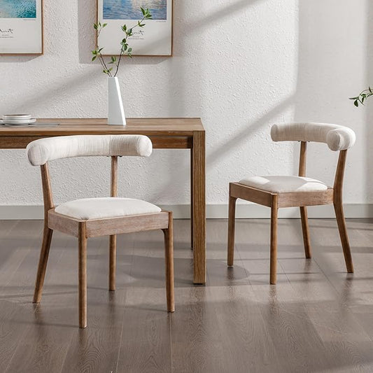Wood Dining Chairs Set of 2, Mid Century Modern Living Room Chairs with Unique Curved Open Back Comfy Linen Upholstered Side Chair for Kitchen/Restaurant/Reception, Beige