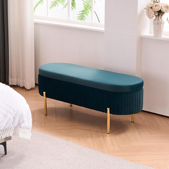 Velvet Storage Bench for Bedroom Upholstered End of Bed Bench Modern Ottoman with Gold Legs for Living Room/Window/Entryway (Teal/Blue-Green, Oval-45.5" W)
