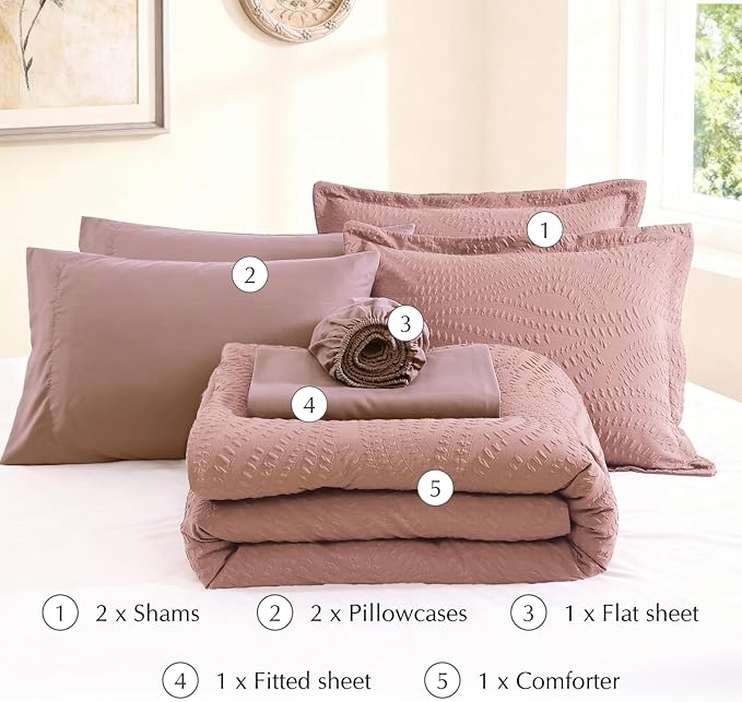 Geniospin Queen Comforter Set - 7 Pieces Dusty Pink Bedding Set, Botanical Textured Comforter Bed Set, All Season Lightweight Bed in a Bag with Comforter, Sheets, Pillowcases & Shams