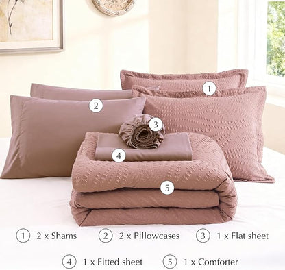 Geniospin Queen Comforter Set - 7 Pieces Dusty Pink Bedding Set, Botanical Textured Comforter Bed Set, All Season Lightweight Bed in a Bag with Comforter, Sheets, Pillowcases & Shams