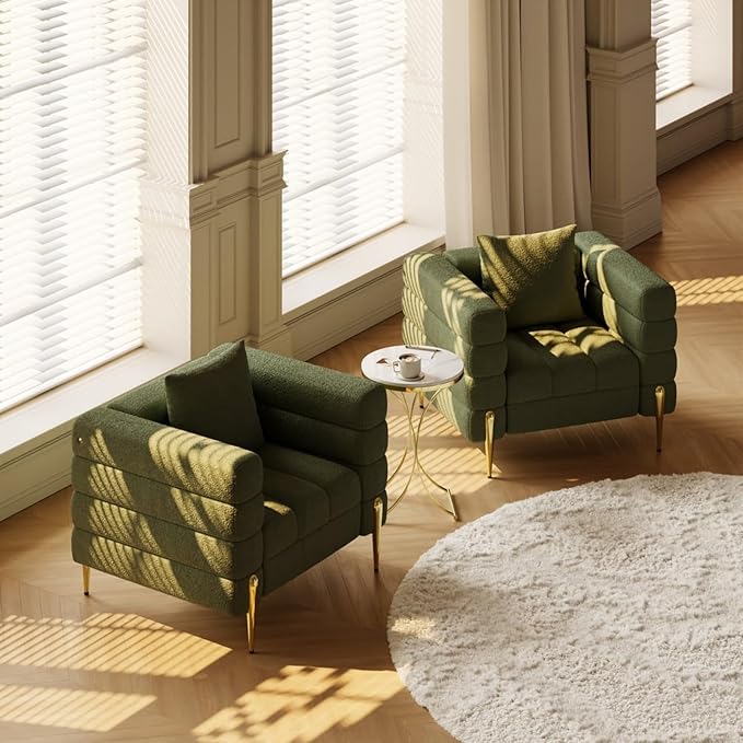 White Accent Chair, Mid Century Boucle Upholstered Armrest Chair for Bedroom, Living Room Chairs, Comfy Reading Chair, Office (Green)