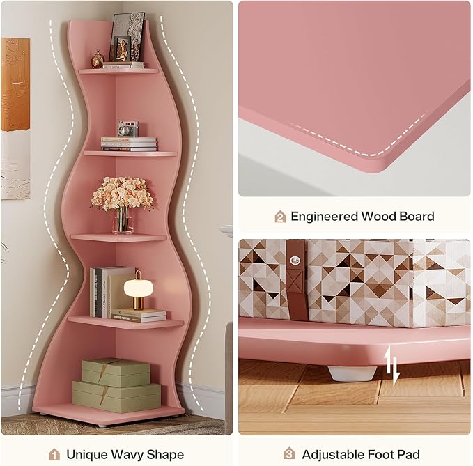 Tribesigns Wavy Corner Shelf, Modern 5-Tier Bookshelf Bookcase with Curvy Shape, Unique Plant Stand Display Rack for Living Room Small Space (Pink)