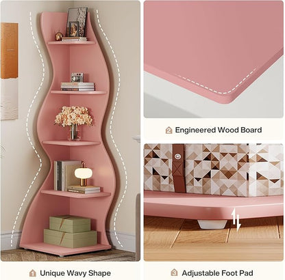 Tribesigns Wavy Corner Shelf, Modern 5-Tier Bookshelf Bookcase with Curvy Shape, Unique Plant Stand Display Rack for Living Room Small Space (Pink)