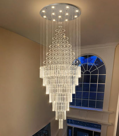 W32 x H120 Glam Chandelier with LED Bulbs Crystal Raindrop High Ceiling Pendant Light for Entrance Large Villa Chandelier Foyer Lighting Fixtures Silver