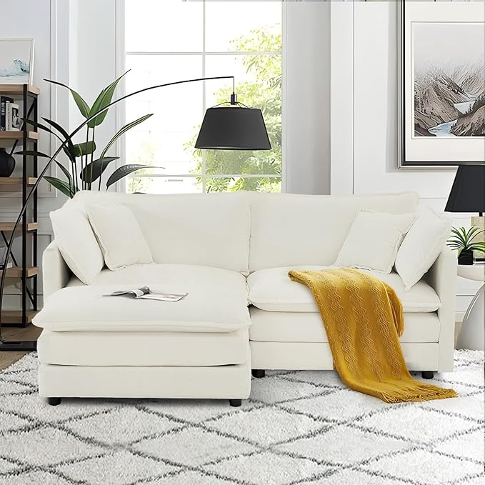 SoarFlash Chenille Sectional Sofa, Comfy L Shaped Modular Coush Sofa with Ottoman, Modern 2 Seat Couch Deep Seat Sofa Set for Living Room,White