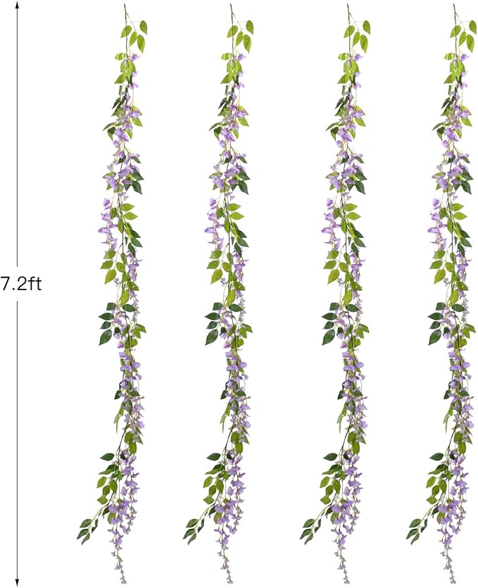 Lvydec Wisteria Artificial Garland, 4 Pcs Total 28.8ft Artificial Wisteria Vine Silk Hanging Flower for Home Garden Outdoor Ceremony Wedding Arch Floral Decor (Light Purple)