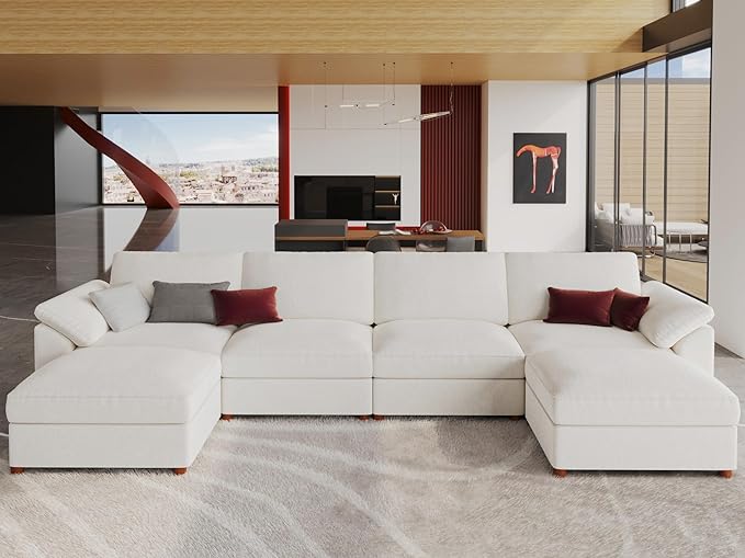 EASE MOOSE Oversized U Shape Sectional Modular Sofa with Ottoman, Comfty Deep Seat Sectional Modular Sofa Couch for Living Room,Removable Cover,White