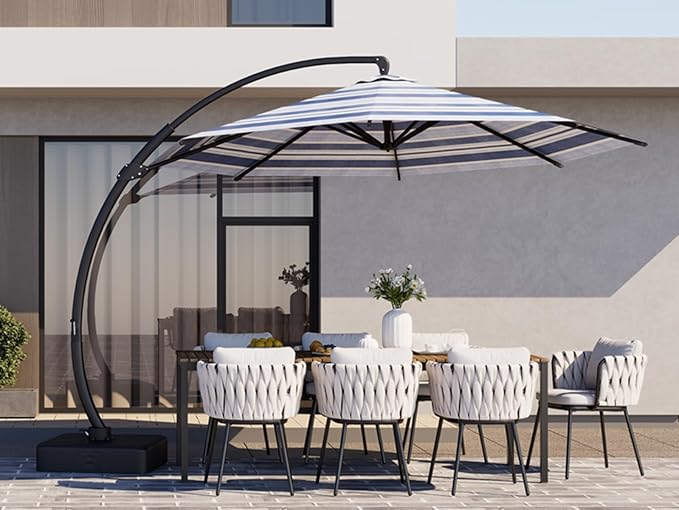 Kingdura 11ft Offset Cantilever Patio Umbrella with Base Included, Large Round Aluminum Outdoor Umbrella with 100% Acrylic Fabric, 360° Rotation & Infinite Tilt for Deck Pool Backyard, Blue Stripes