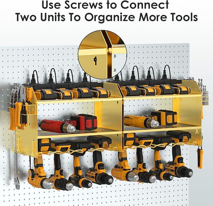 CCCEI Modular Power Tool Organizer Wall Mount with Charging Station. Garage 4 Drill Storage Shelf with Hooks, Drill Bit Heavy Duty Rack, Gold Tool Battery Holder Built in 8 Outlet Power Strip.