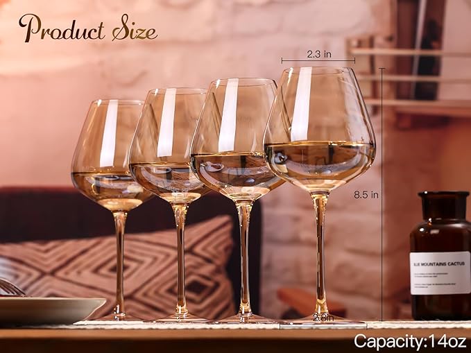 Physkoa Amber Brown Wine Glasses Set of 6-18oz Long Stemmed Dark Amber Wine Glass,Hand Blown Fall Wine Glasses