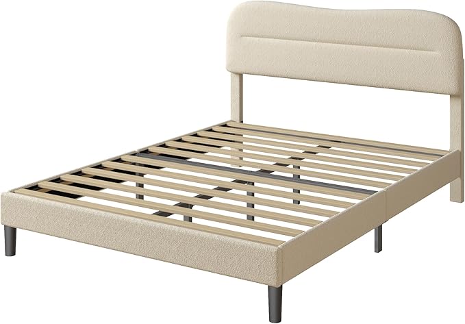 Queen Size Bed Frame with Headboard, upholstered Bed Frame Queen Size, Teddy Soft Boucle Fabric, Soft Cloud Marshmallow Shape Upholstered Headboard, No Box Spring Needed, Noise Free (Beige)