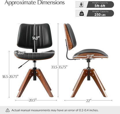 HULALA HOME Desk Chair with Solid Wood Legs, Adjustable Height & 360° Swivel, Comfy Bentwood Faux Leather Tufted Task Chair, Black