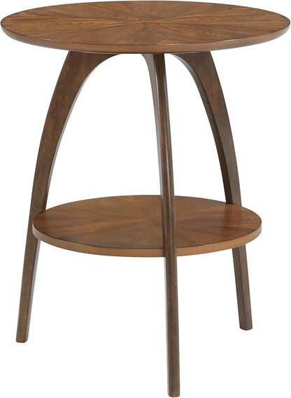 Martin Svensson Home LAX Retro Mid-Century Modern Round Wood End Table, Solid Grain Side Table with Lower Shelf, Small Accent Table for Living Room or Nightstand. Caramel Brown Top & Walnut Legs