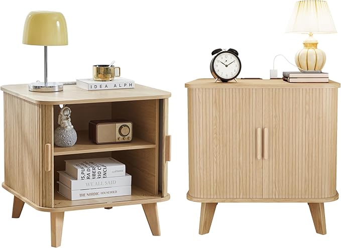 Nightstands Set of 2, 24 Inch Mid-Century Fluted EndTable with Charging Station, Farmhouse Wood Side Table with Storage & Sliding Door (2XSquare, Natural)