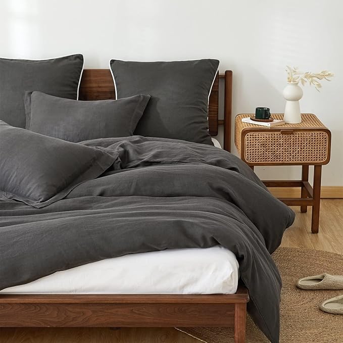 Simple&Opulence 100% Linen Euro Sham Covers with Piping Trim, 26"x26" Pillow Cover Set of 2, Breathable Pillow Shams for Bed Couch Decorative Cushions, Dark Grey