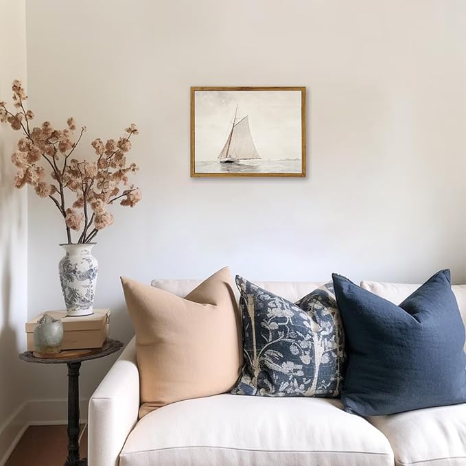 KBKBART Framed Wall Art Muted Sailboat Vintage Wall Decor, Antique Lake House Watercolor Canvas Art Prints Painting, Rustic Farmhouse Wall Art North Prints for Bedroom, Bathroom, Living Room, Gallery, Neutral Wall Decor(8"x10")