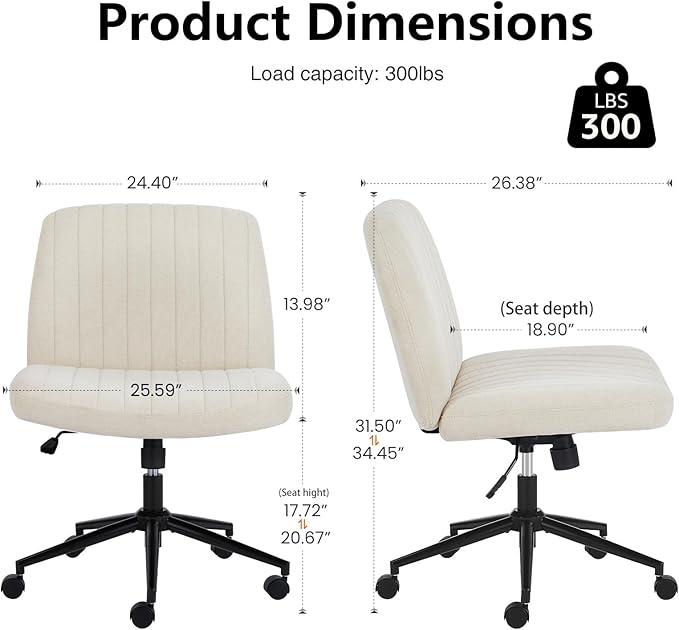 DUMOS Criss Cross Chair with Wheels, Wide Cross Legged Desk Vanity Chairs, Fabric Armless Adjustable Swivel Chairs for Home Computer Task, Beige