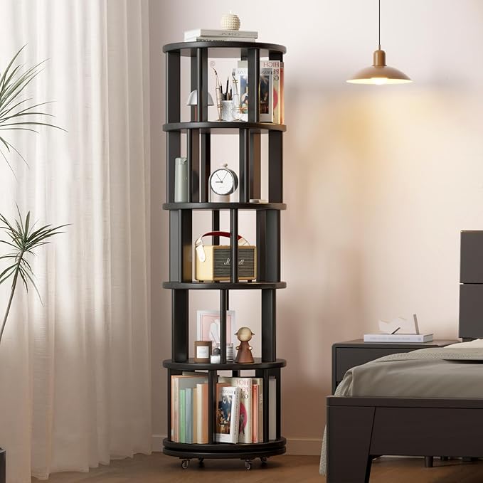Solid Wood Rotating Bookshelf on Wheels, 5 Tier, Round Revolving Bookcase, 360° Spinning Book Shelf Tower for Kids, Narrow Rolling Bookshelves for Small Space, Corner, Bedroom, Office, Black
