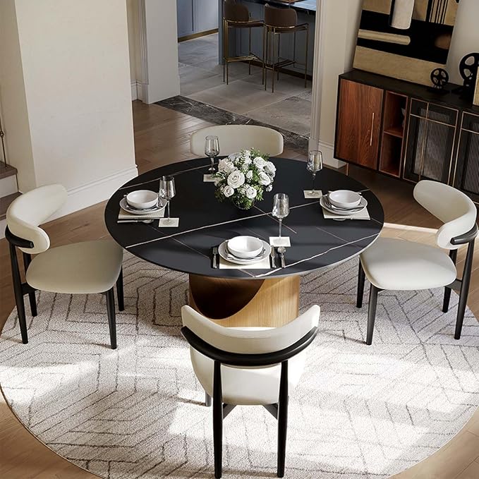 POVISON Round Dining Table for 4, 51" Matte Black Sintered Stone Top Dining Table with Bronze Carbon Steel Pedestal, Modern Dining Room Table for Kitchen, Living Room (Table Only)