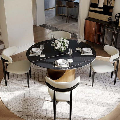 POVISON Round Dining Table for 4, 51" Matte Black Sintered Stone Top Dining Table with Bronze Carbon Steel Pedestal, Modern Dining Room Table for Kitchen, Living Room (Table Only)