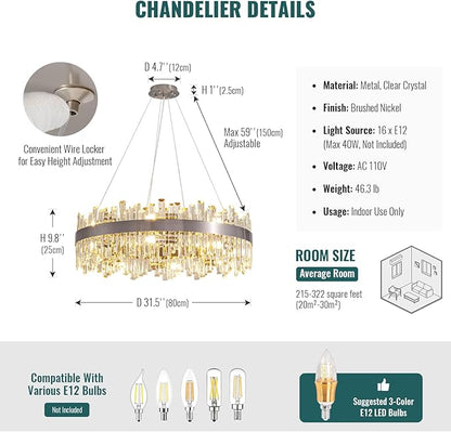 Siljoy 16-Light Modern Crystal Chandelier, Large Brushed Nickel Flush Mount Raindrop Chandelier Adjustable Height Hanging Ceiling Light Fixture for Dining Living Room Entryway Foyer 31.5 Inch