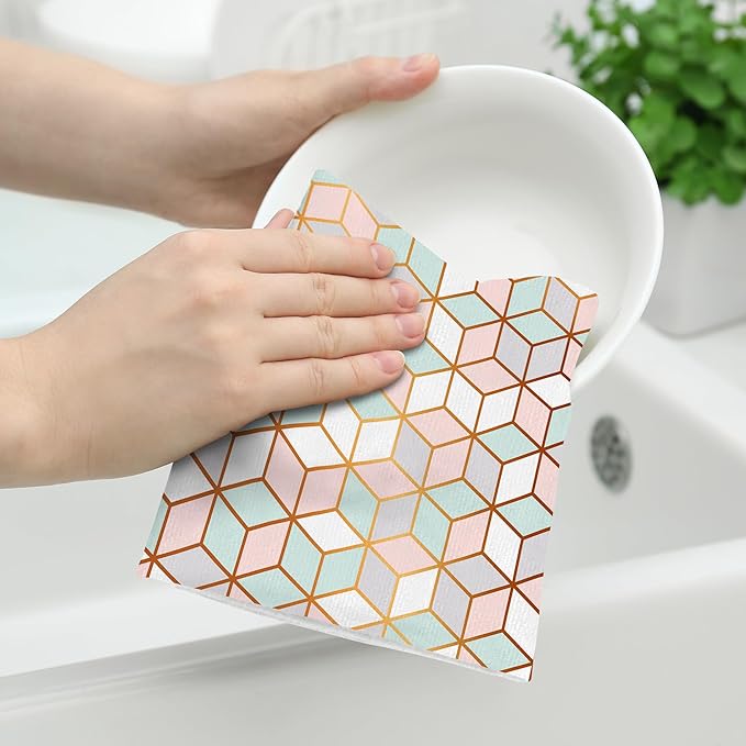 Pink Green Geometric Kitchen Towels Set of 2 Abstract Modern Absorbent Hand Tea Towels Farmhouse Holiday Home