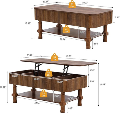 39”Large Lift Top Coffee Table with Hidden Storage Compartment,Fluted Coffee Tables Fully Assembled Wooden Center Table,Mid Century Modern Lift Tabletop Dining Table for Living Room Home Office,Walnut