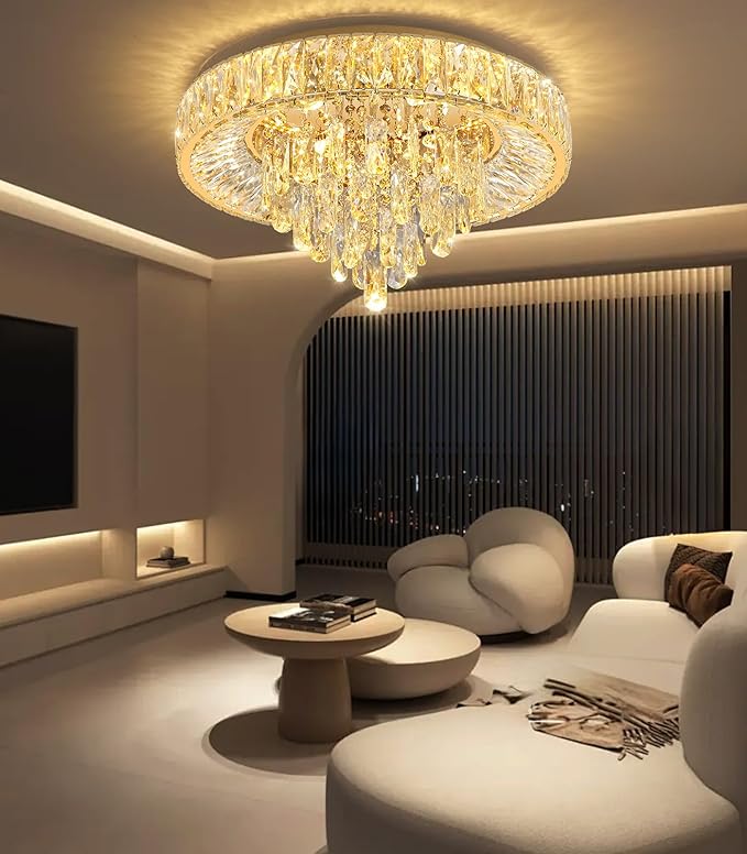 Modern Crystal Chandeliers for Dining Room LED Light Fixture Close to Ceiling Chandelier Flush Mount Ceiling Light Dimmable Lamp with Remote for Living Room Bedroom Hallway