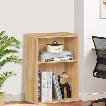 LEYAOYAO 2 Cube Bookshelf,Natural Record Player Stand Holds up to 100 Albums, Mini Wood Book Shelf Storage Organizer,Turntable Stand with Vinyl Storage Cabinet, Narrow Open Bookcase for Small Spaces