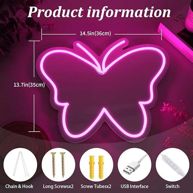 Butterfly Mirror Neon Sign Dimmable USB LED Neon Lights for Ideal Home Decor for Bedroom, Kidsroom, Living Room Parties, Christmas Birthdays Gifts for Girls Women, Boho Mirror Wall Sign Art Gift-pink