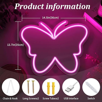 Butterfly Mirror Neon Sign Dimmable USB LED Neon Lights for Ideal Home Decor for Bedroom, Kidsroom, Living Room Parties, Christmas Birthdays Gifts for Girls Women, Boho Mirror Wall Sign Art Gift-pink