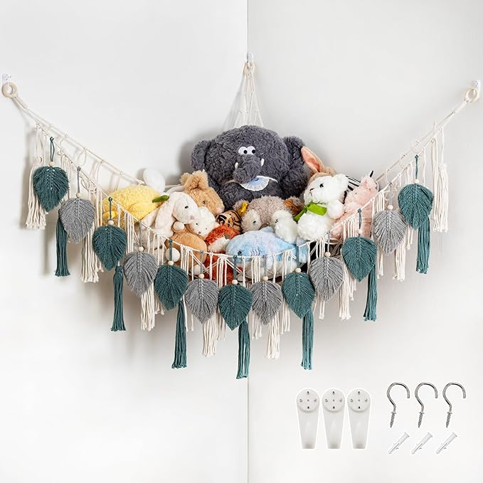 Pretty Jolly Stuffed Animal Storage with Hand Woven Leaf Tassels Hammock Corner Hanging Net Boho Macrame Plush Storage for Kid Room Nursery Decor Wall Display for Girls Gift(Gray&Blue)