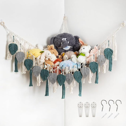 Pretty Jolly Stuffed Animal Storage with Hand Woven Leaf Tassels Hammock Corner Hanging Net Boho Macrame Plush Storage for Kid Room Nursery Decor Wall Display for Girls Gift(Gray&Blue)