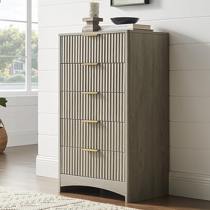 Pipishell Dresser for Bedroom, Fluted 5 Drawers Dresser, 40" Tall Modern Chest of Drawer with Round Edge & Pre-Installed Drawer Slides, Natural Wood Drawer Organizer for Bedroom, Hallway, Gray