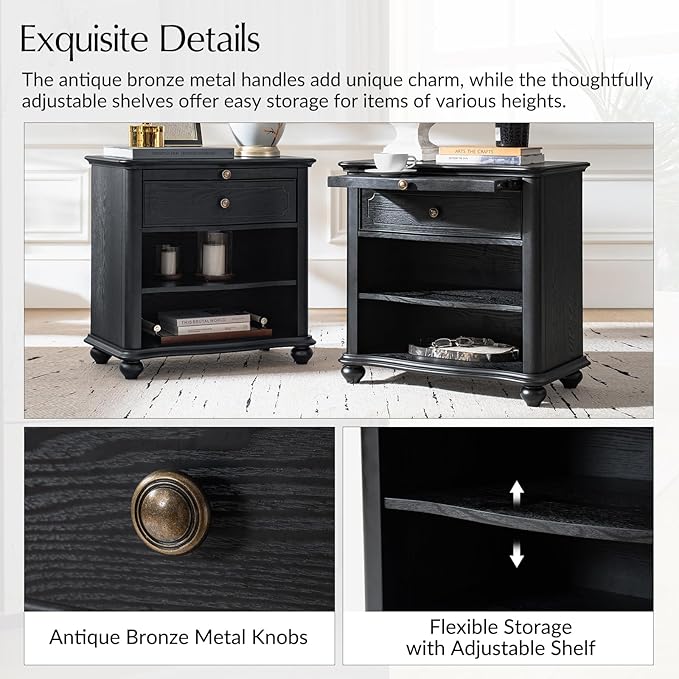 HULALA HOME Wooden Nightstand with Pull-Out Shelf, Mid Century Modern Nightstand with Solid Wood Drawers and Legs, Adjustable Storage Set of 2, Black