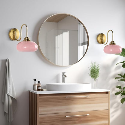 KCO Lighting Pink Wall Sconce Brushed Gold Bathroom Light Fixtures Glass Globe Wall Light Mid Century Modern Wall Sconce Vintage Bathroom Sconces Wall Lighting Set of 2